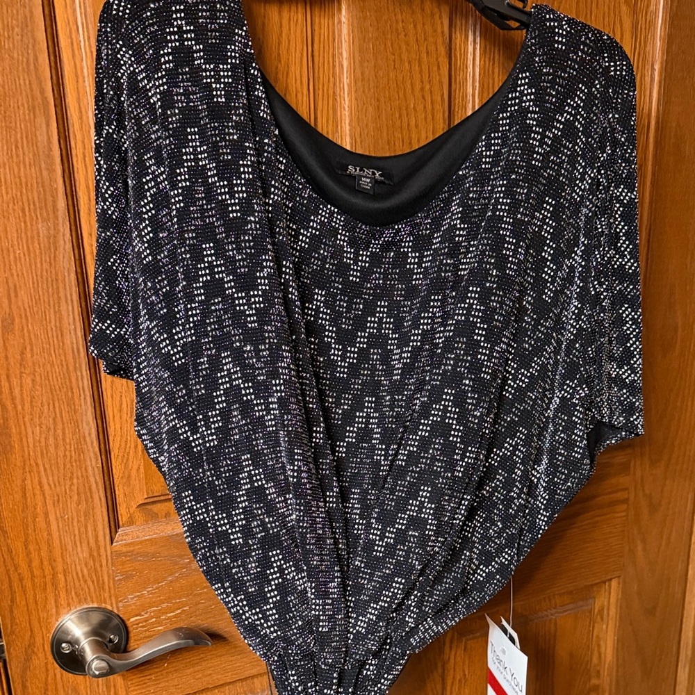 SLNT 14W Sparkly Black and Silver Slinky Dress with Tie at Waist NEW Comfortable - Picture 2 of 11